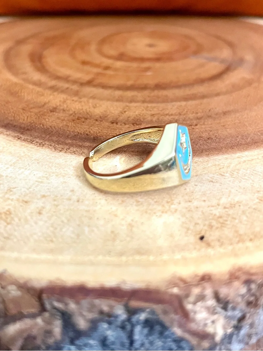 Turquoise Enamel and CZ Moon and Star Gold Filled Adjustable Ring NWOT